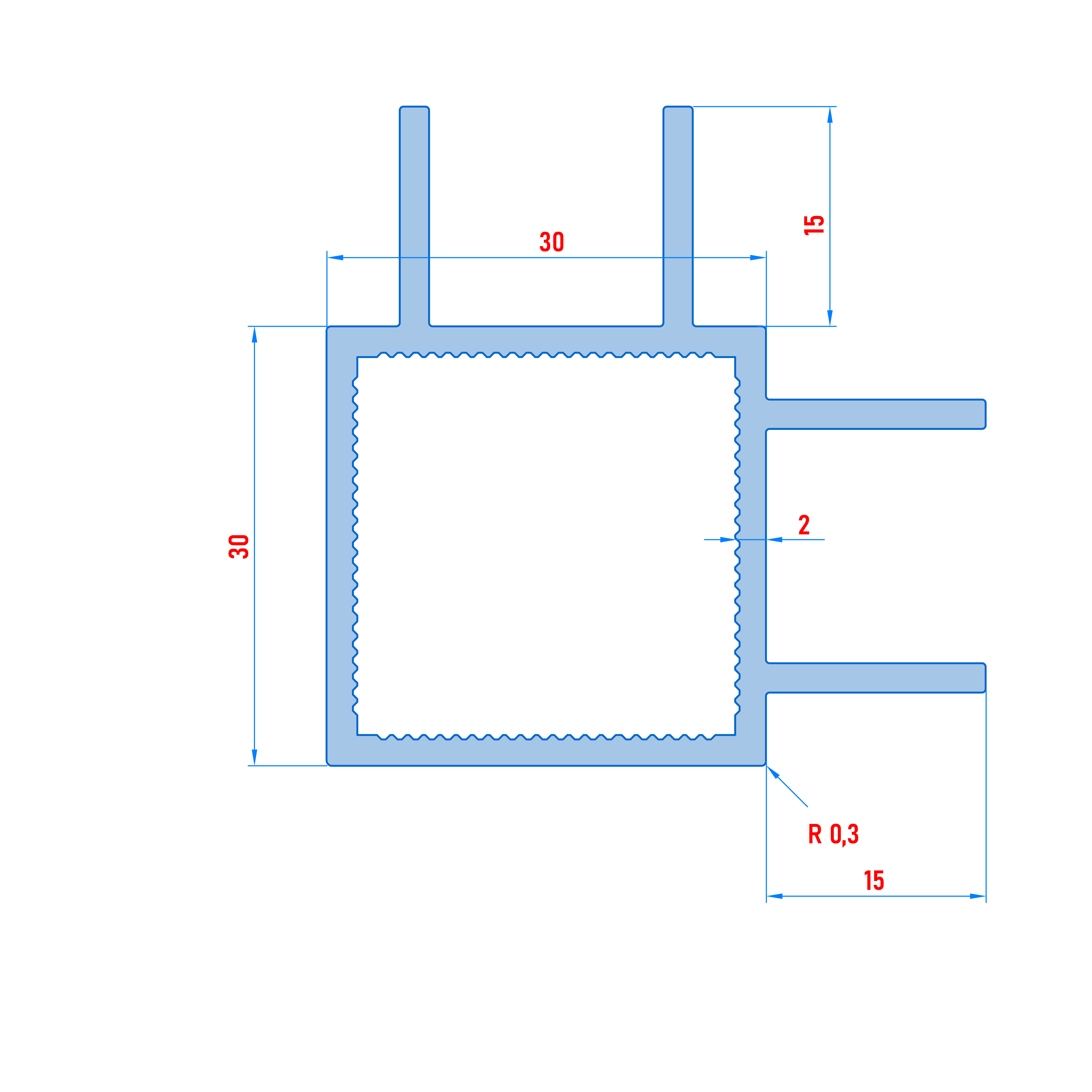 Vierkantrohr für Steckverbinder mit Doppelstegen | Ausführung 16mm Eckprofil | pressblank | 30 x 30 x 2 mm | Beidseitige Gehrung im 45-Grad-Winkel auf einer Seite