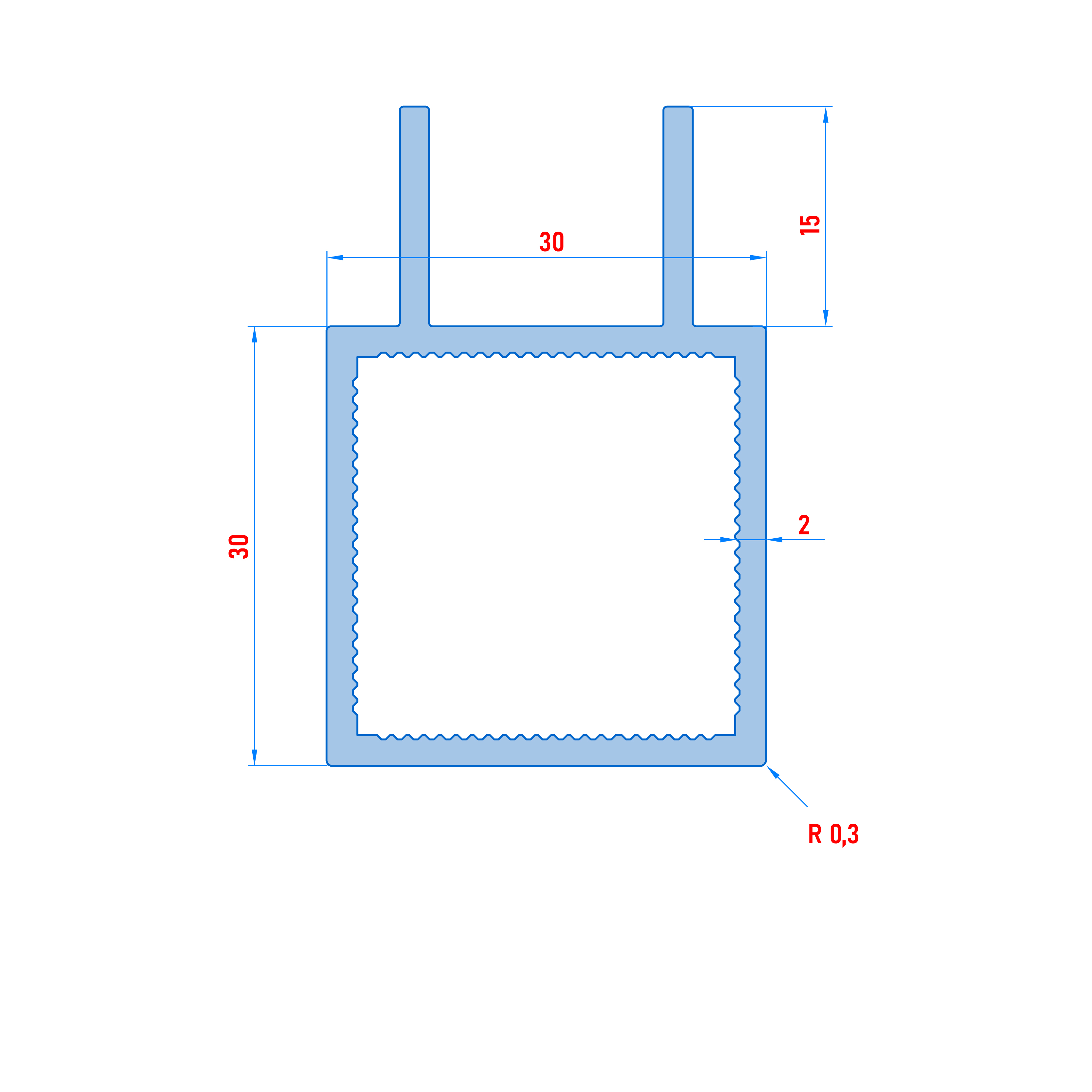 Vierkantrohr für Steckverbinder mit Doppelstegen | Ausführung 16mm U-Profil | Weiß - RAL 9016 | 30 x 30 x 2 mm | Einseitige Gehrung im 45-Grad-Winkel